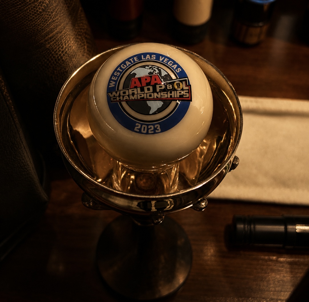 APA World Pool Championships 2023 trophy displayed at Gentlemen's Cue Club